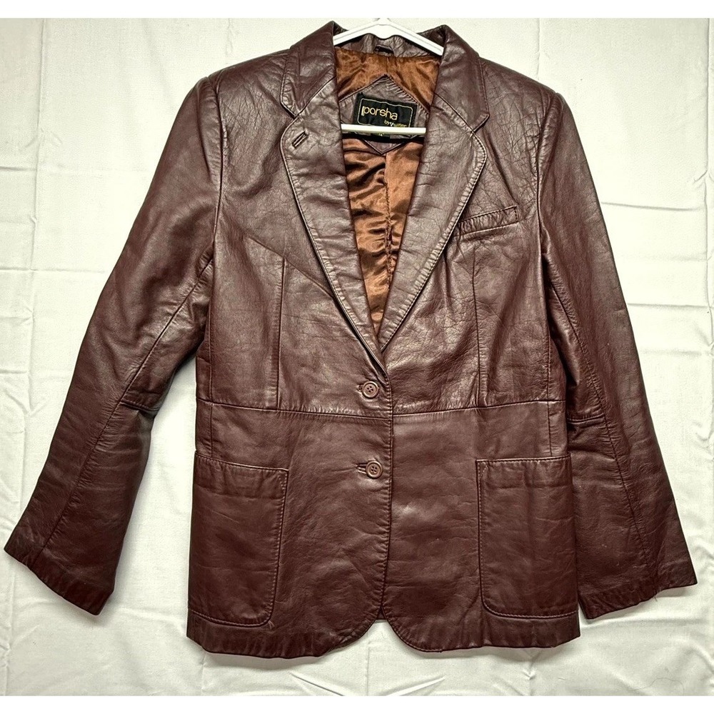 Porsha by Winer Leather Blazer Jacket Women 14 Brown Notch Lapel Single Breasted